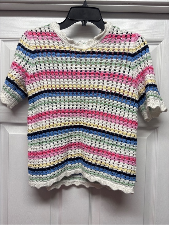 GAP Sweaters - Gap Crochet Stripe Short Sleeve Top - White & Multicolor Scalloped details Sz S